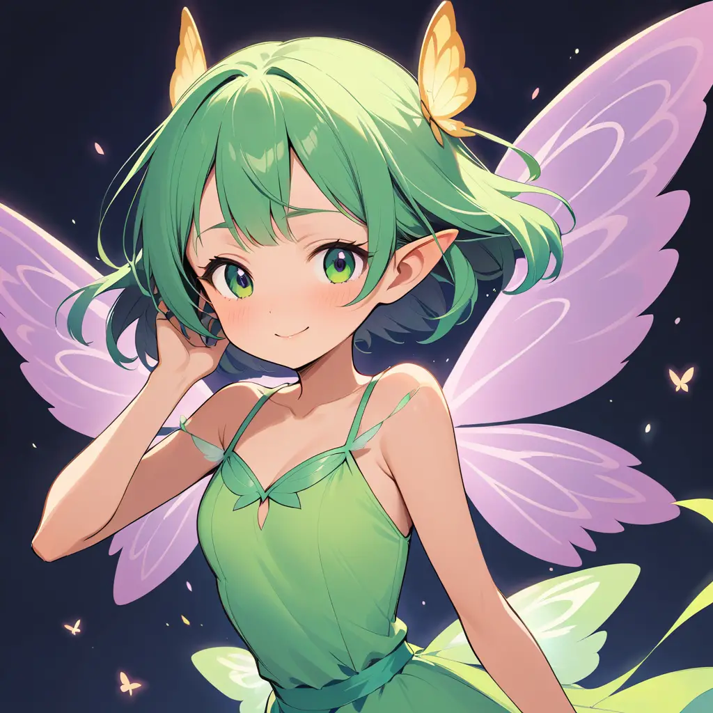Pixie fairy combing back her hair with a shy smile