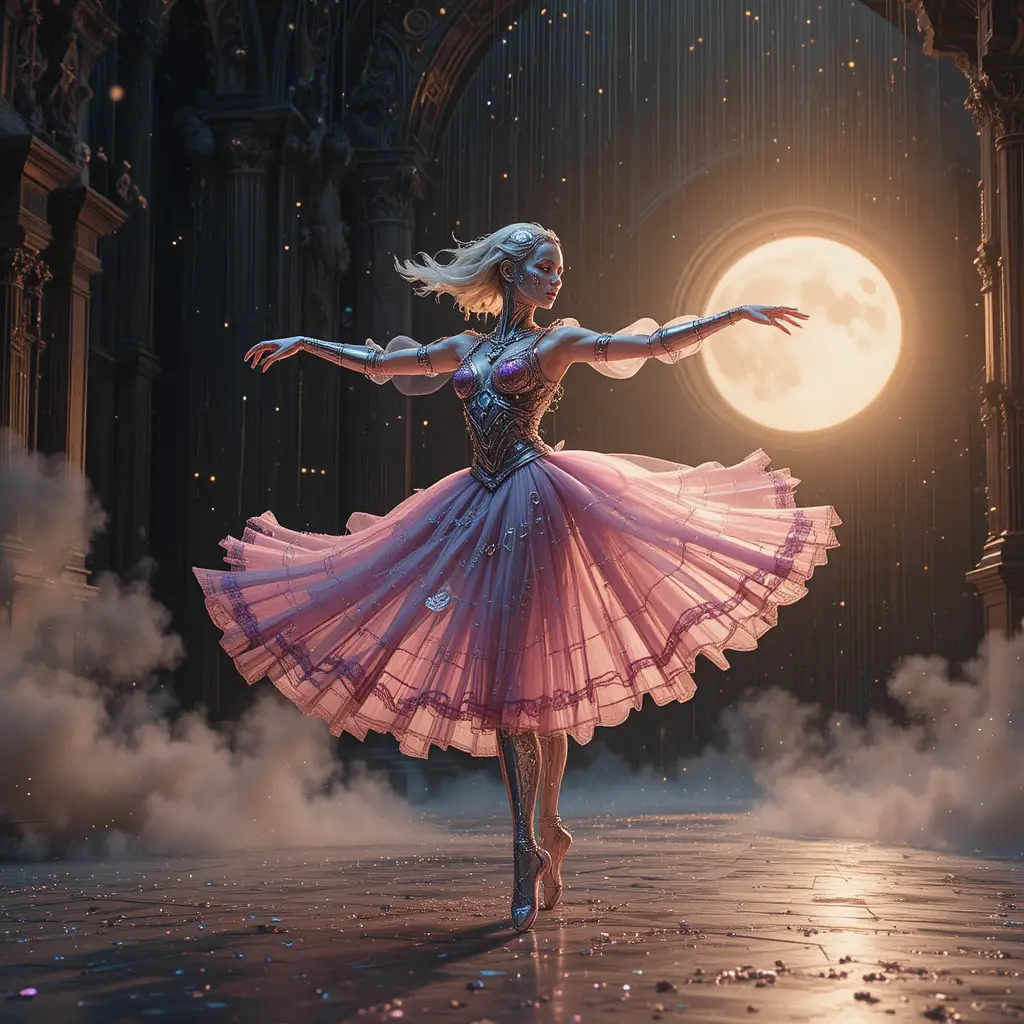 Cyborg ballerina dancing in neo baroque sunset light