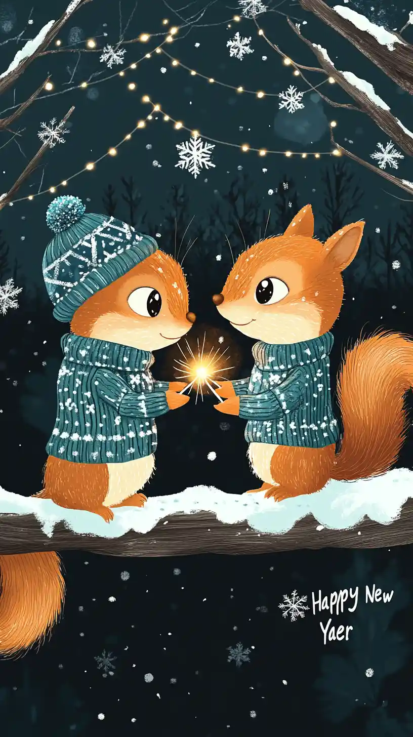 Romantic cartoon squirrels kissing in a snowy winter forest