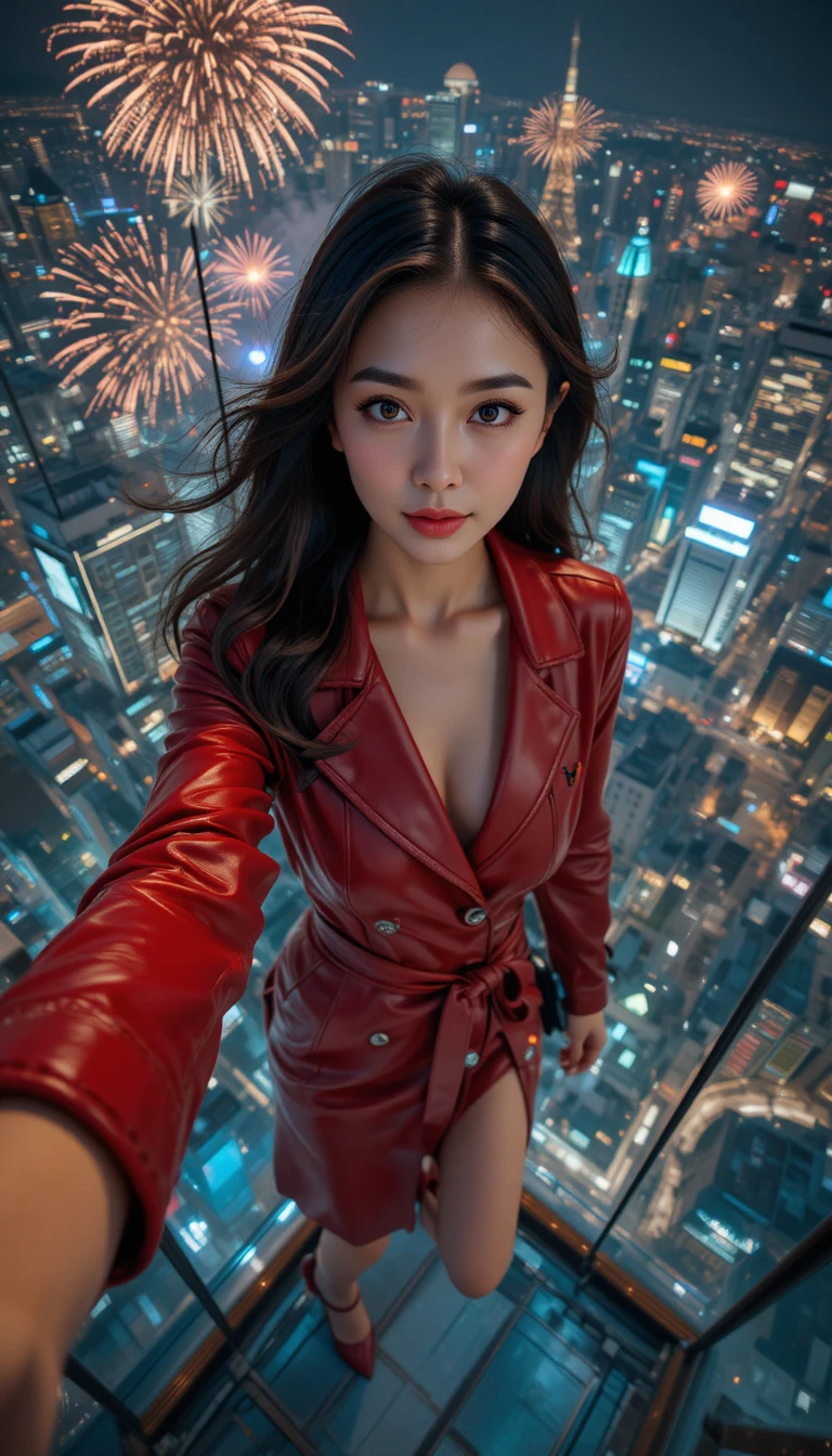 Stylish Korean agent taking a balcony selfie at night