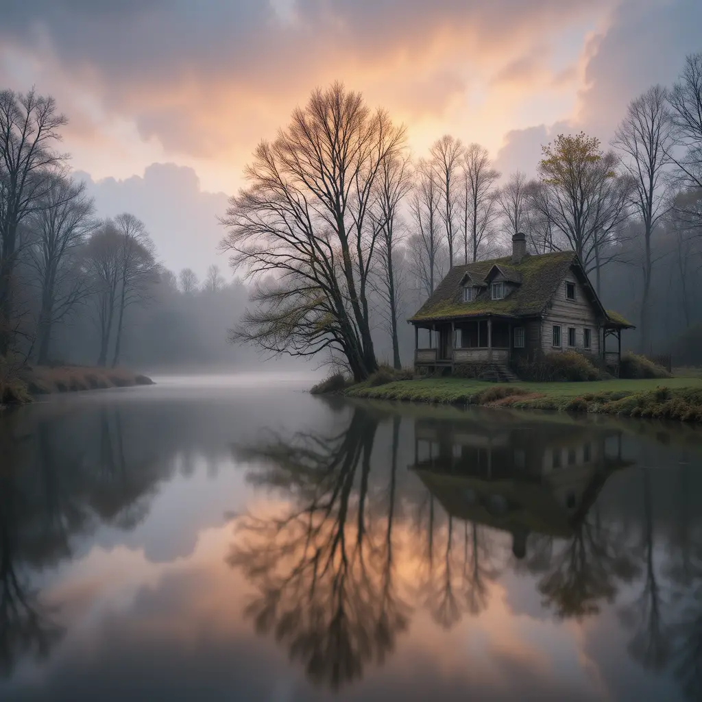 Silky Forest River At Sunset Beside An Abandoned House