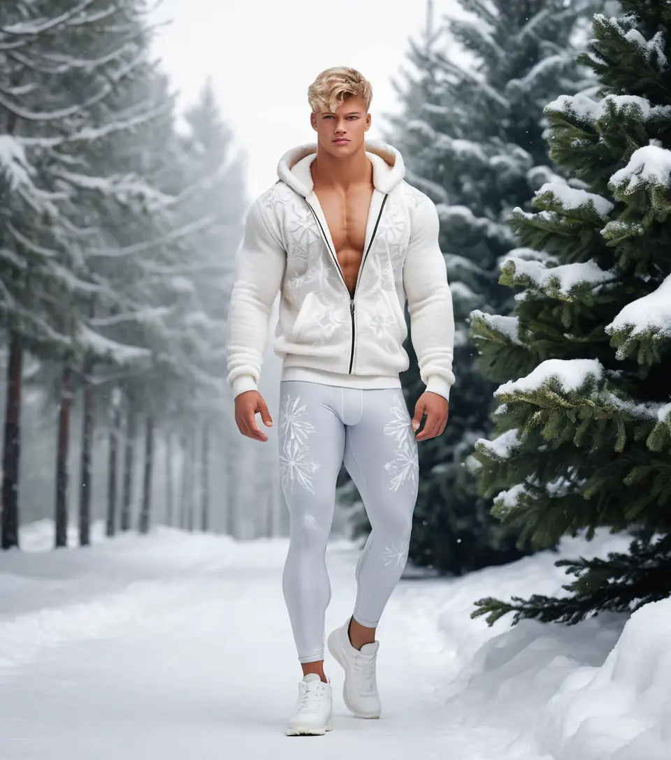 Young man in winter leggings walking on snowy path