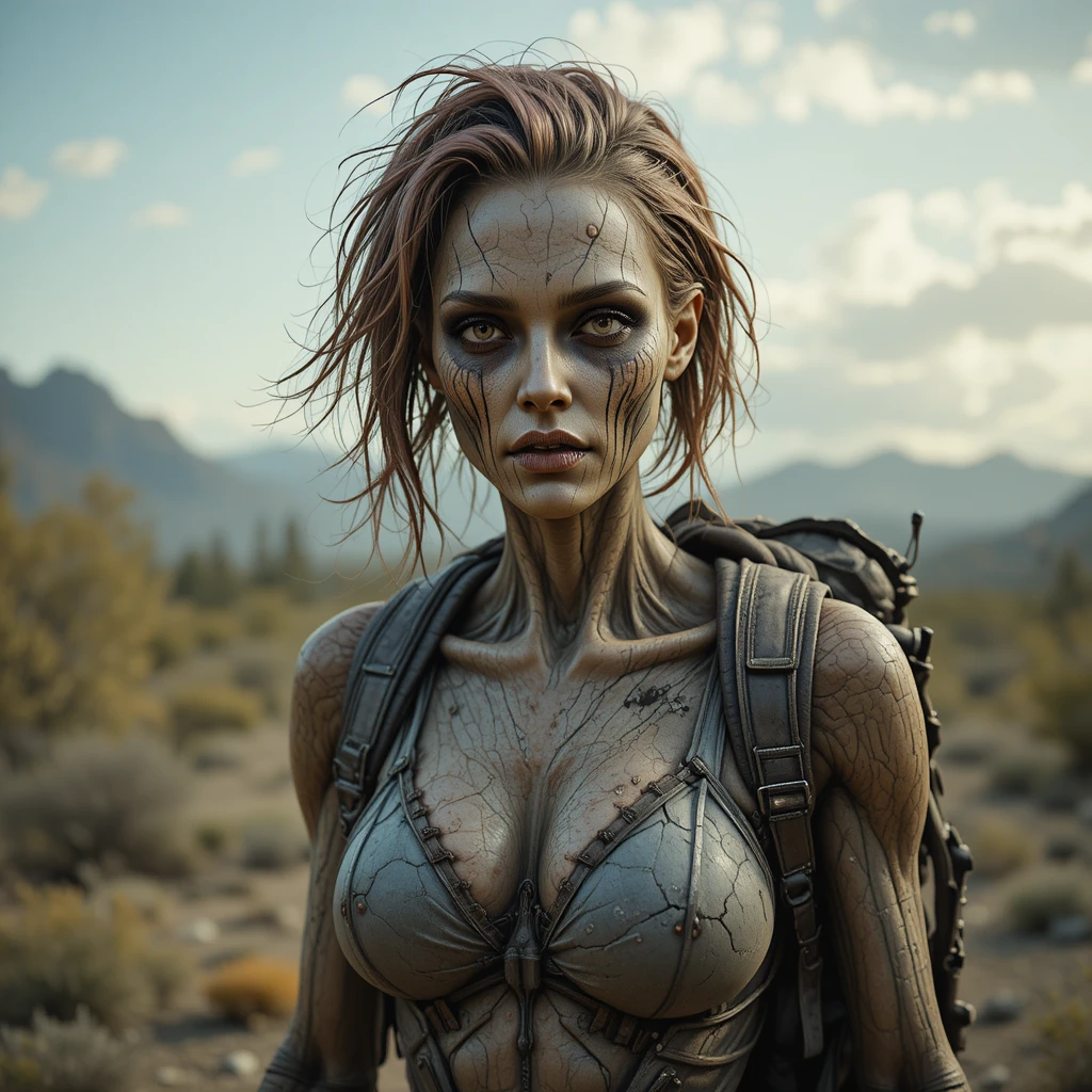 Female ghoul survivor standing alone in a barren wasteland
