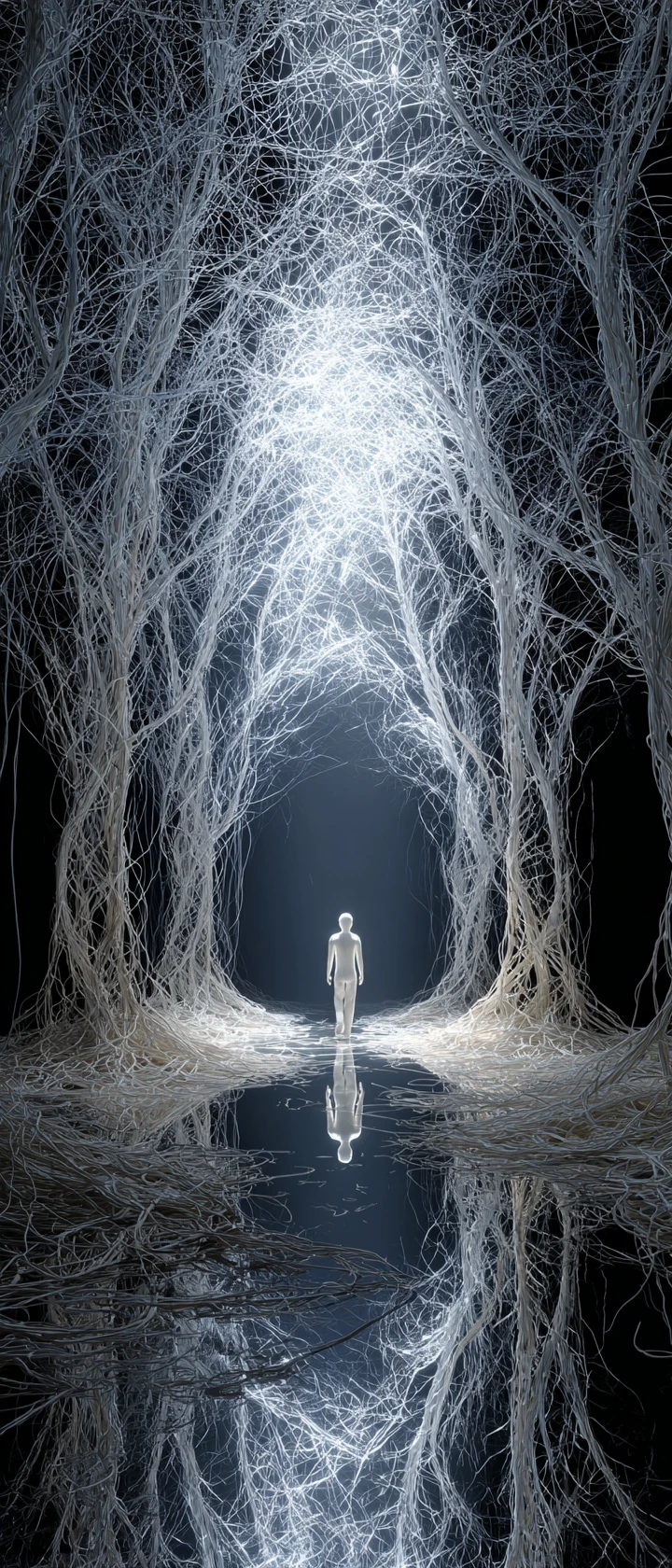 Luminous Figure Walking Through A Surreal Digital Forest