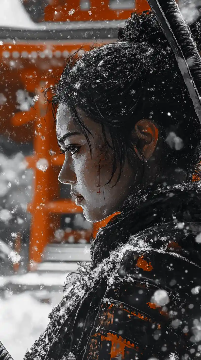 Samurai-Kriegerin bewacht einen Tempel im sanft fallenden Schnee