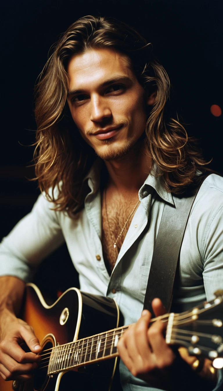 Seductive rock guitarist portrait on stage with intense gaze