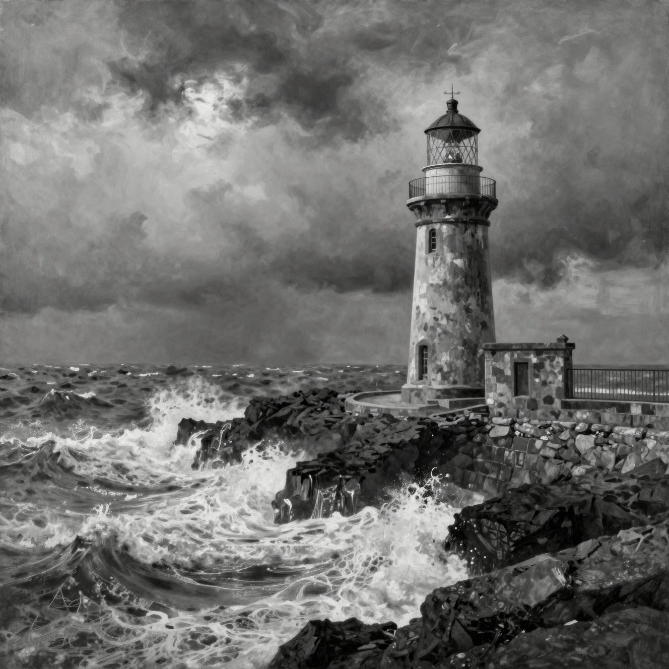 Dipinto a olio di faro su mare in tempesta e costa rocciosa