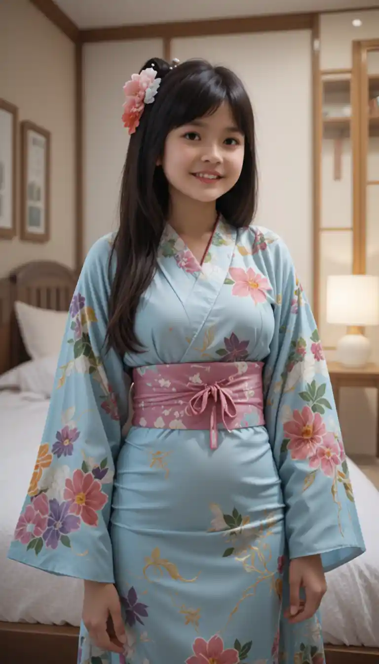 몸에 꼭 맞는 기모노를 입은 젊은 여성이 침실에 서 있는 모습
