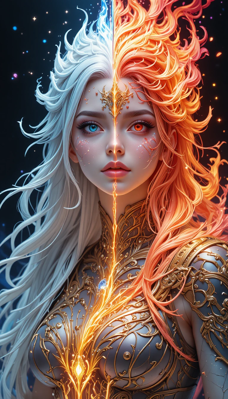 Dual elemental anime sorceress split by fire and ice