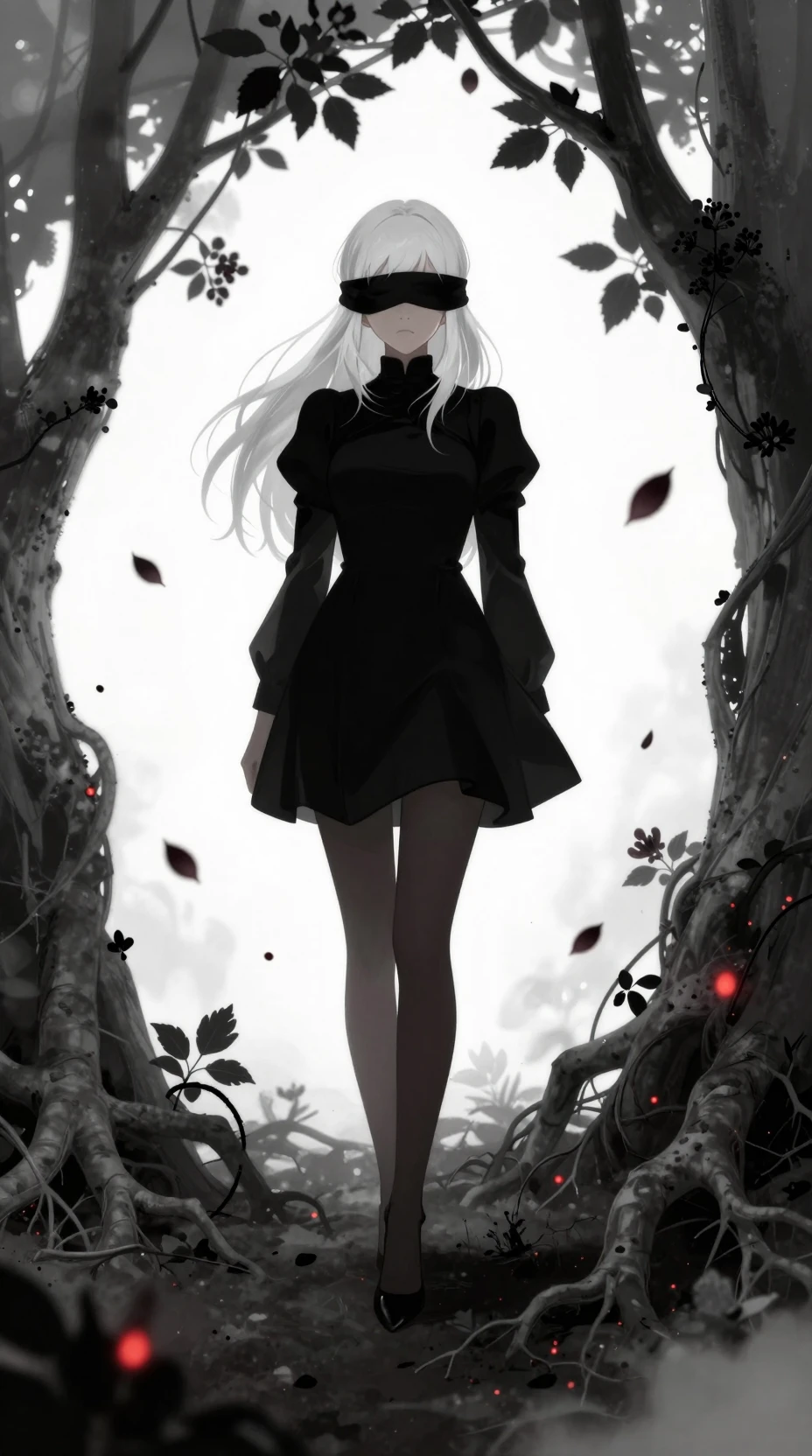 Blindfolded white haired girl in a dark cursed forest