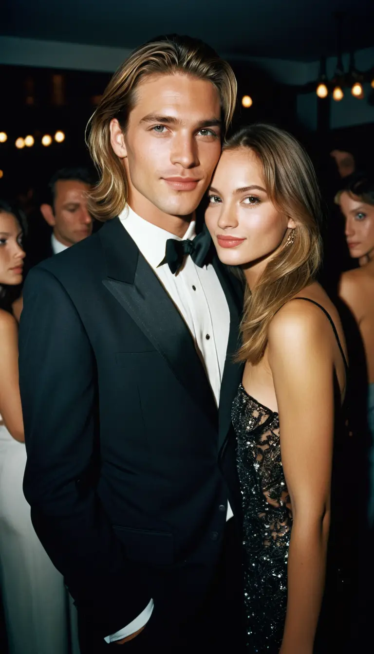 Charming young man in black suit at luxury party