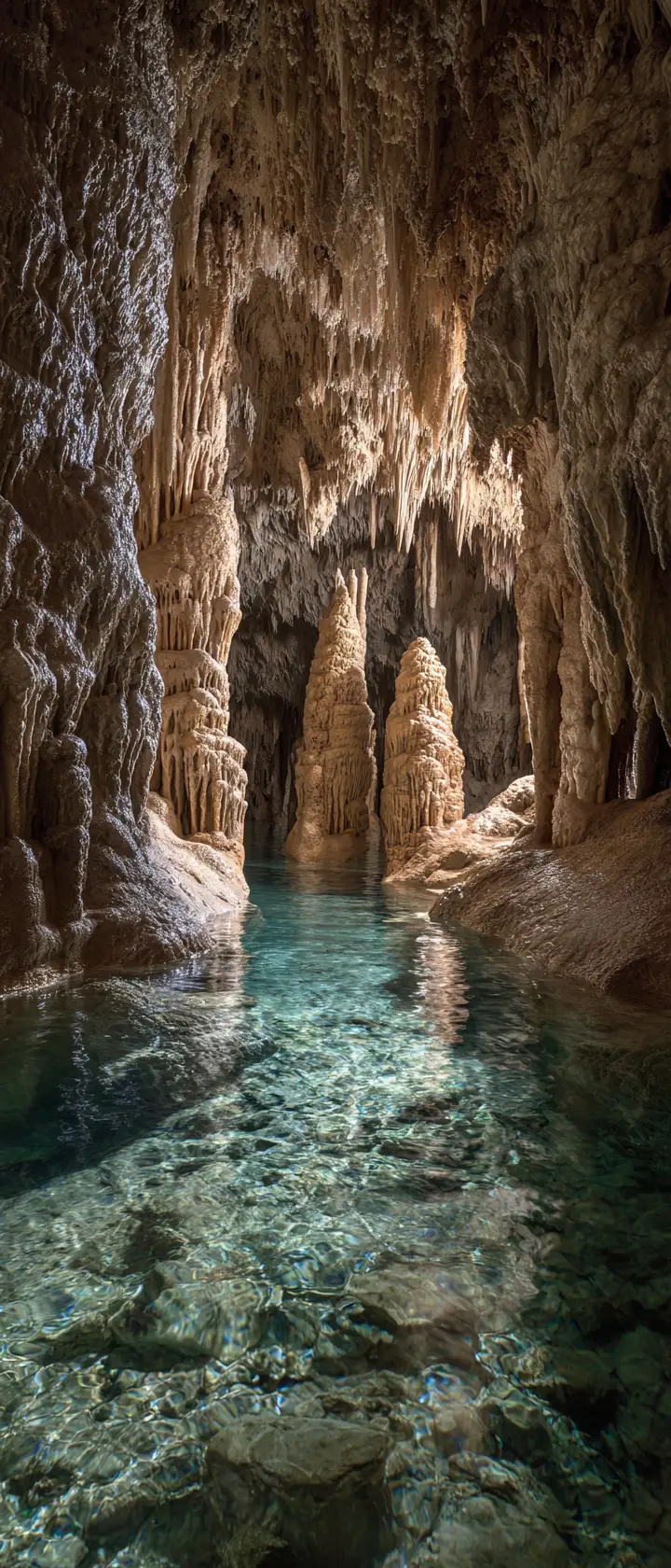Ancient stalactites above a tranquil underground river
