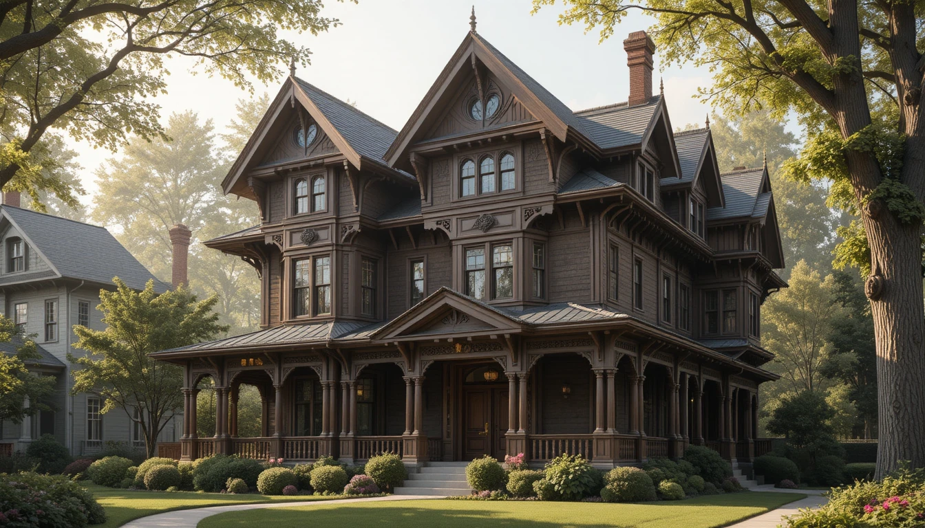 Casa victoriana serena con luz suave y detalles de madera