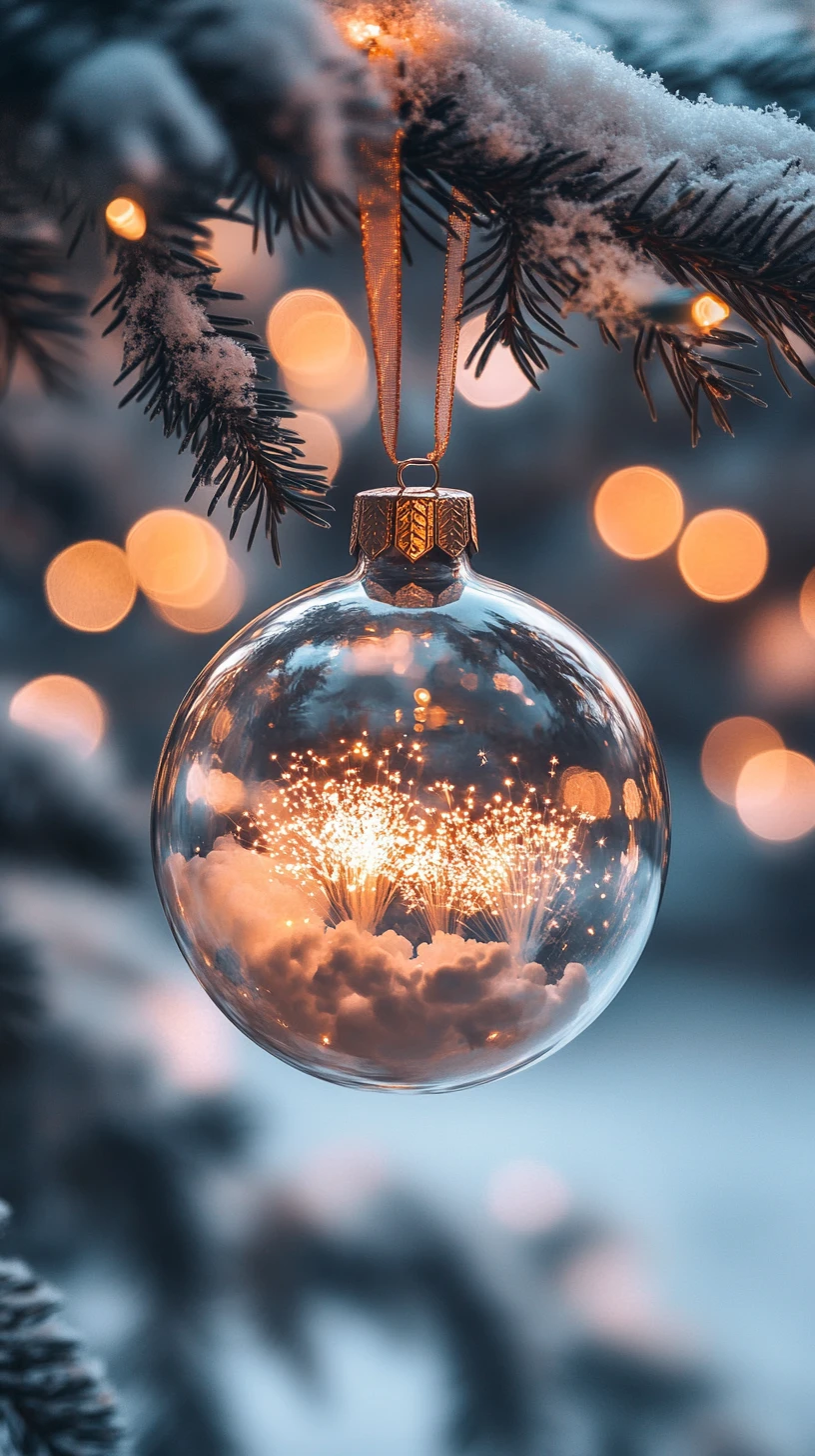 ガラスのクリスマスボールに映るドバイの花火