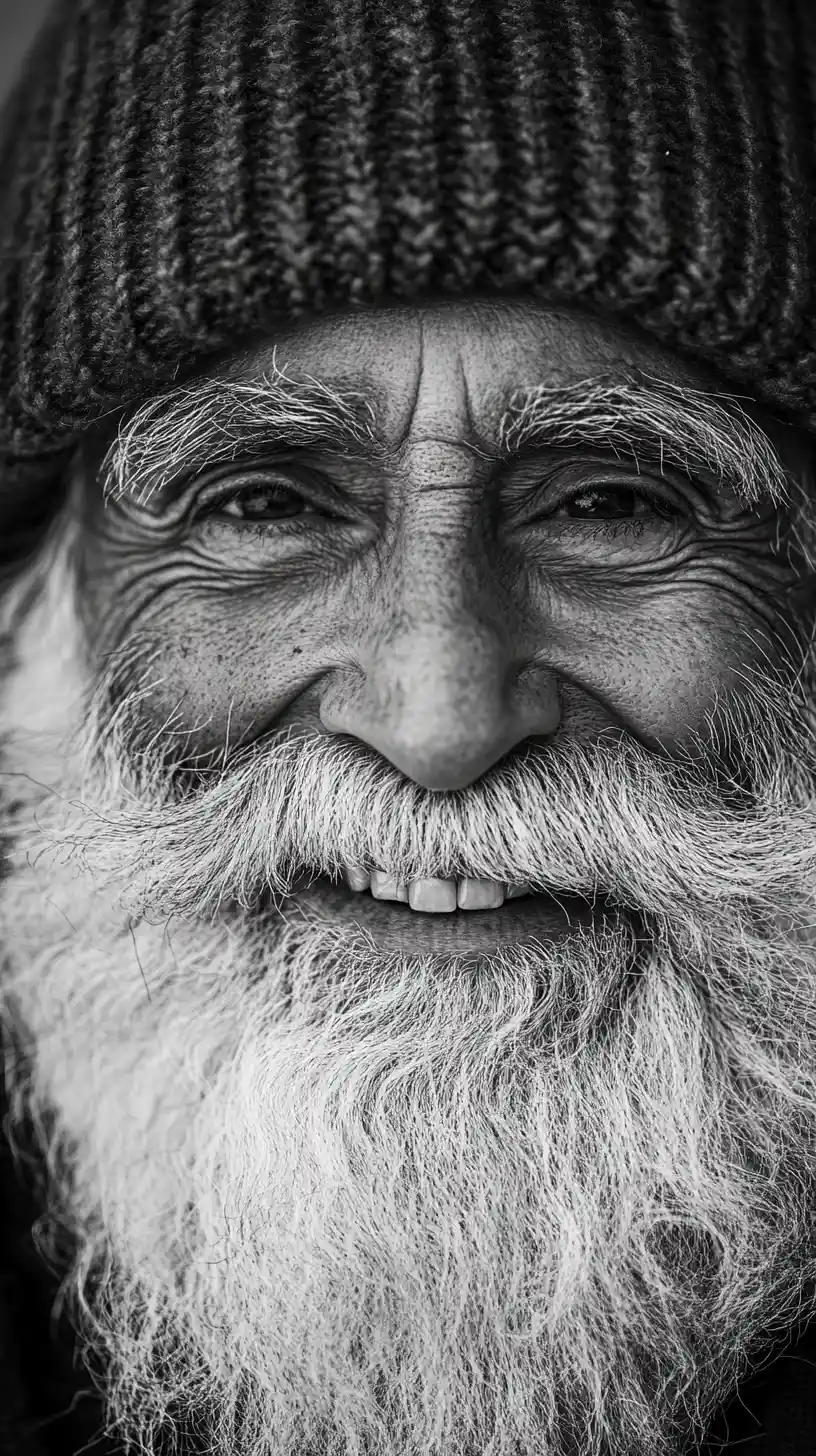 Smiling elderly man with long white beard in close up portrait
