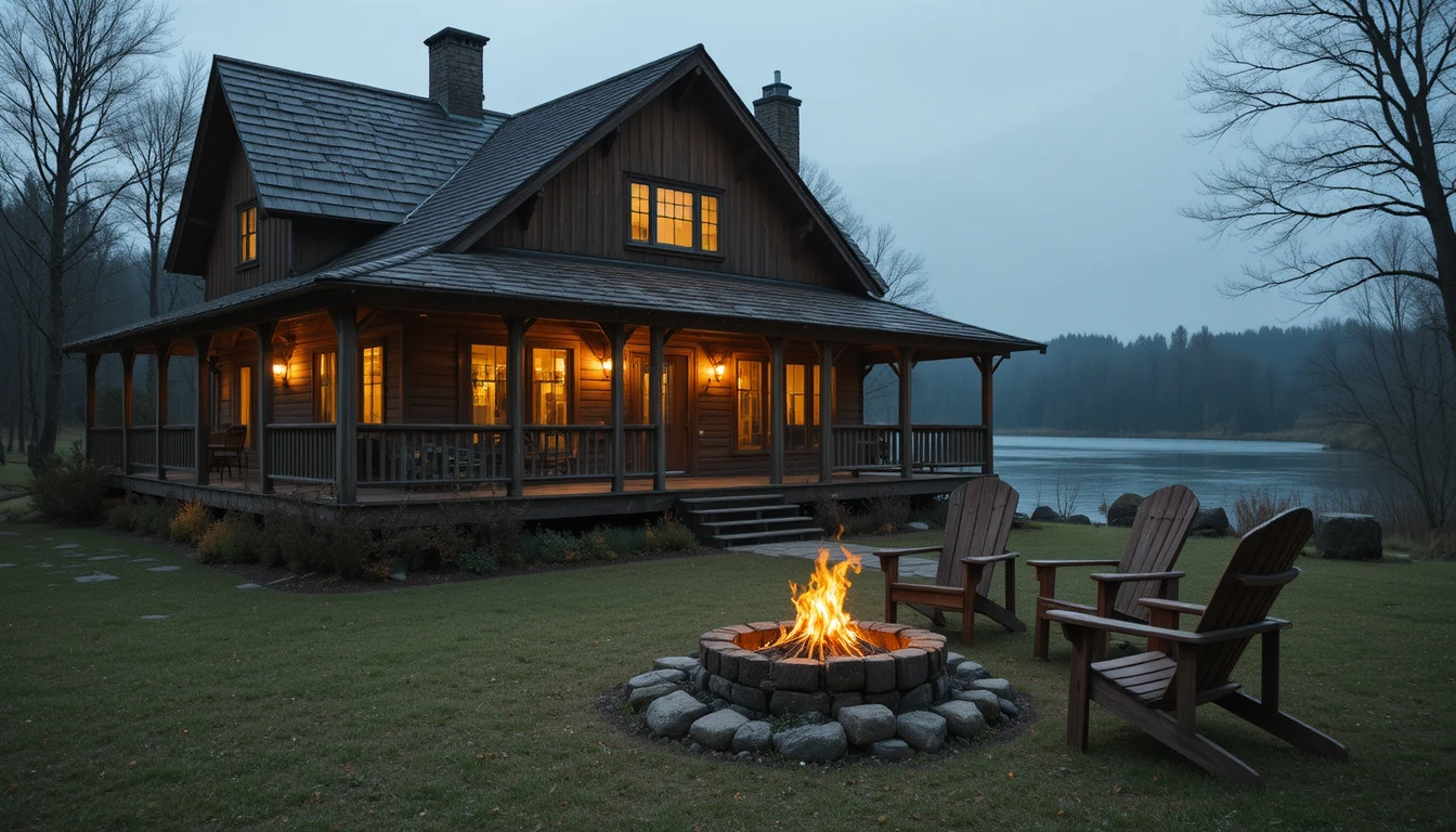 Chaleureuse maison en bois avec foyer au bord d’une rivière calme