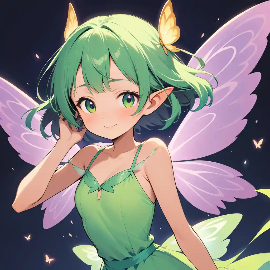 Pixie fairy combing back her hair with a shy smile