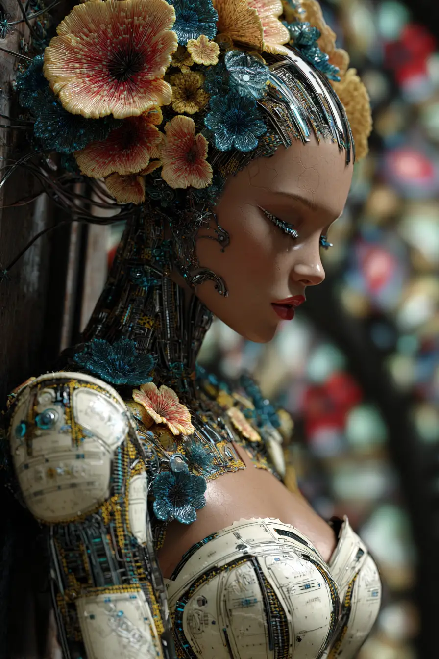 Floral cybernetic woman leaning on a grand staircase