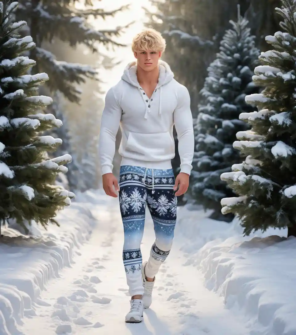Blonder junger Mann in Winterleggings auf verschneitem Pfad