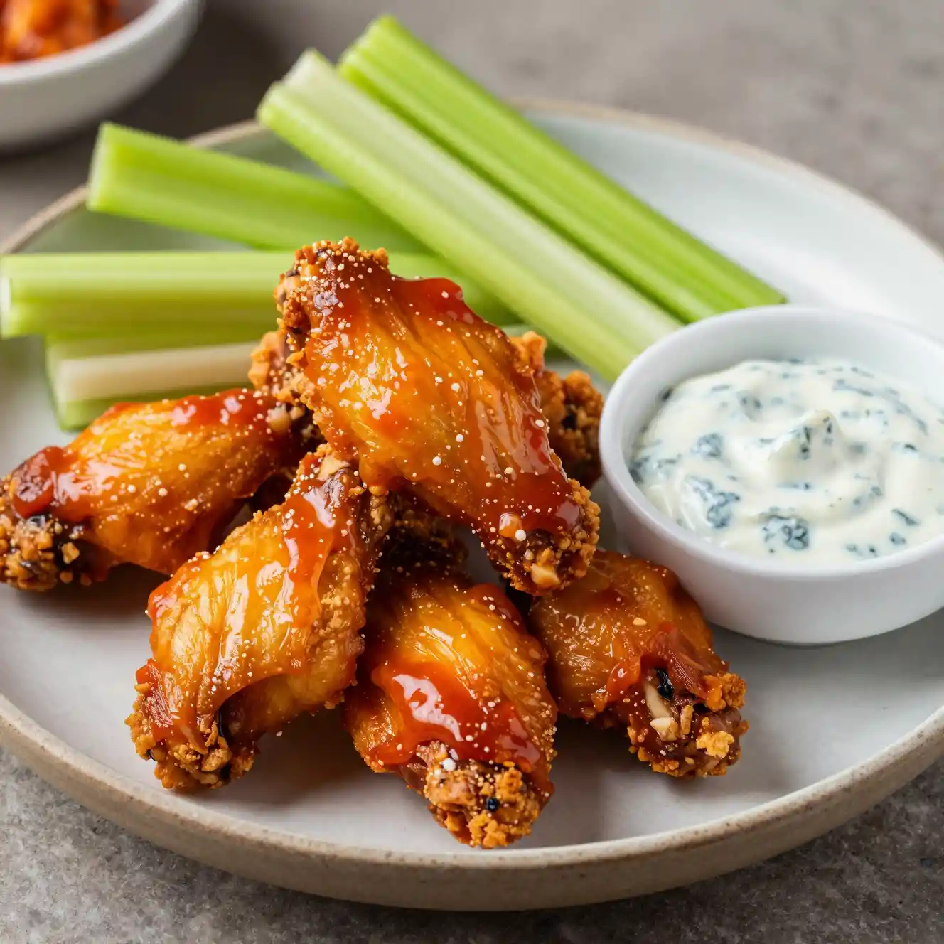 Buffalo chicken wings plated with celery and blue cheese