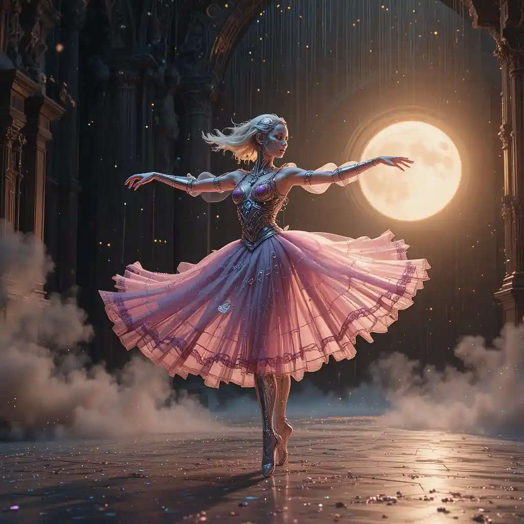 Cyborg ballerina dancing in neo baroque sunset light