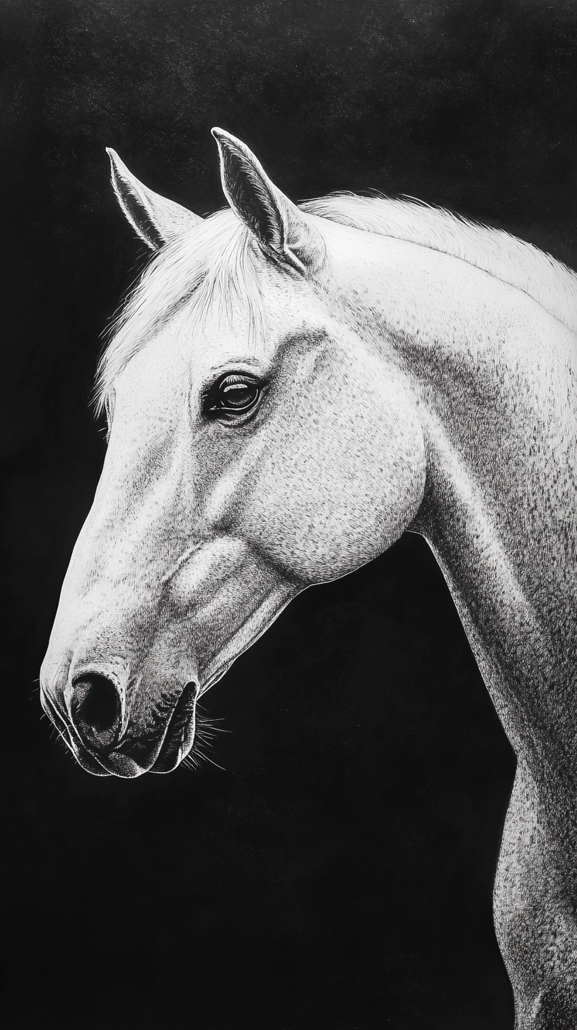 Portrait de cheval arabe blanc au fusain sur papier noir