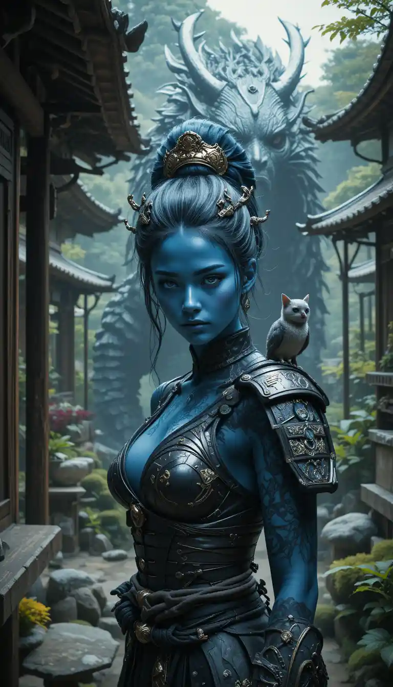 Blue skinned samurai woman in a tranquil Japanese garden