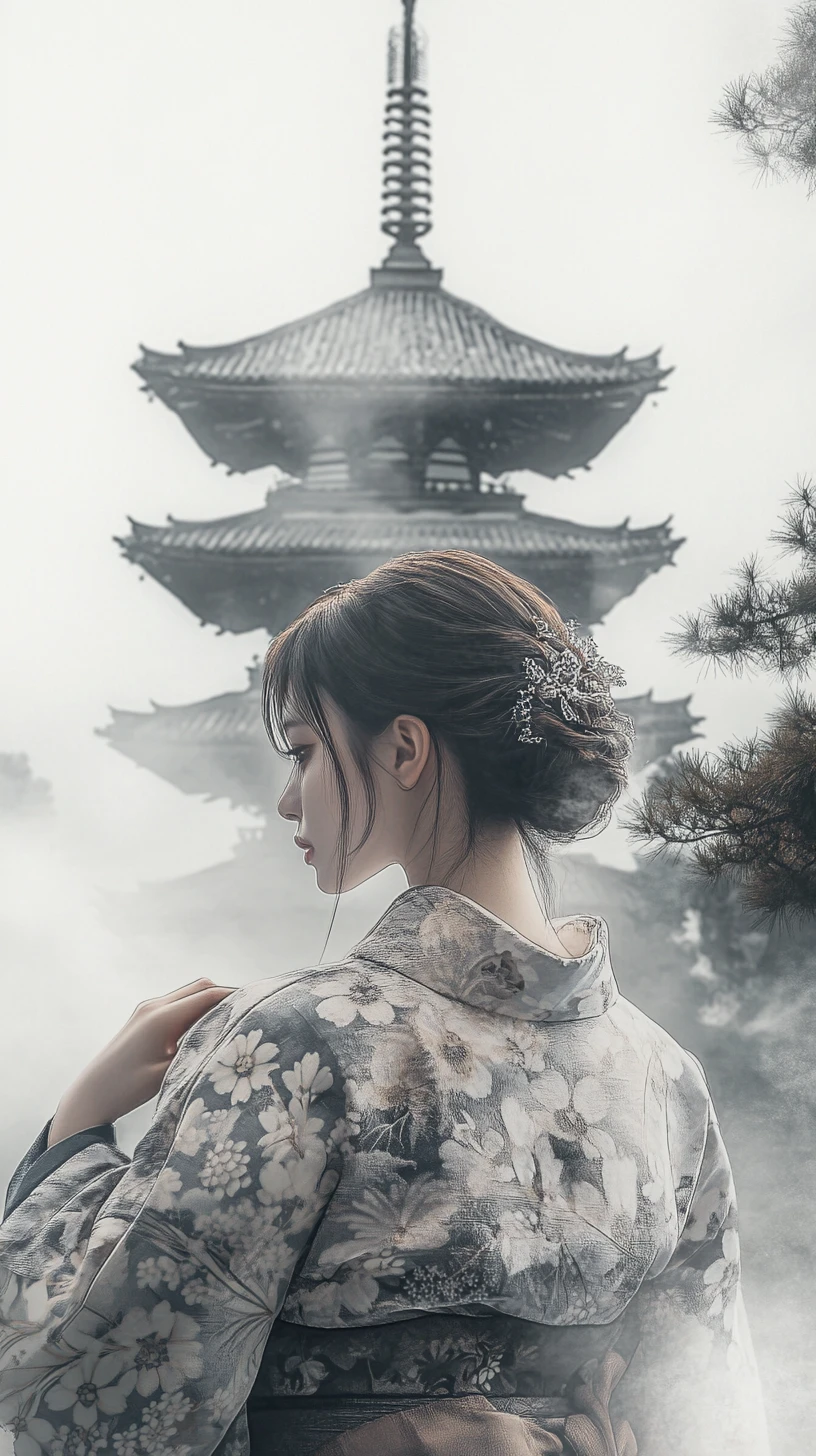 Frau im Kimono vor nebliger Pagode im Monochrom-Stil
