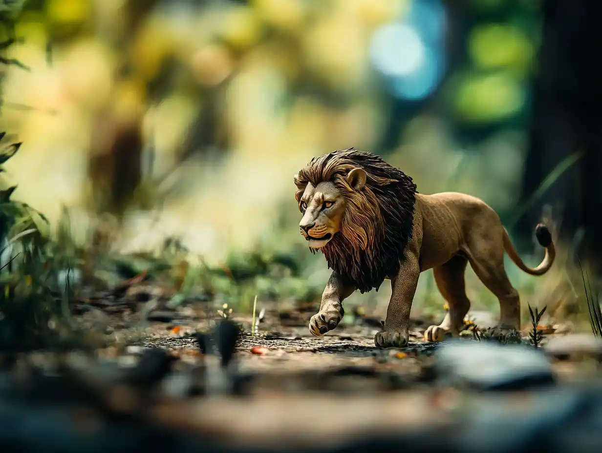 Lion stalking its prey with a sinister presence