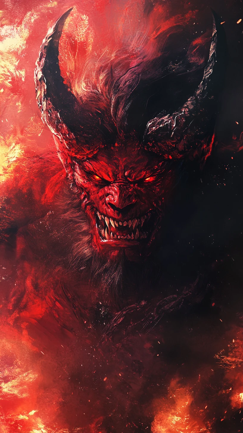 Roaring oni demon in swirling fire and smoke ink painting
