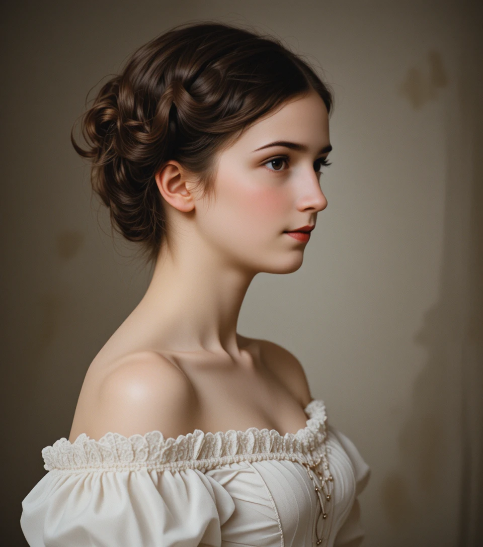 Young lady in half profile wearing a white vintage dress