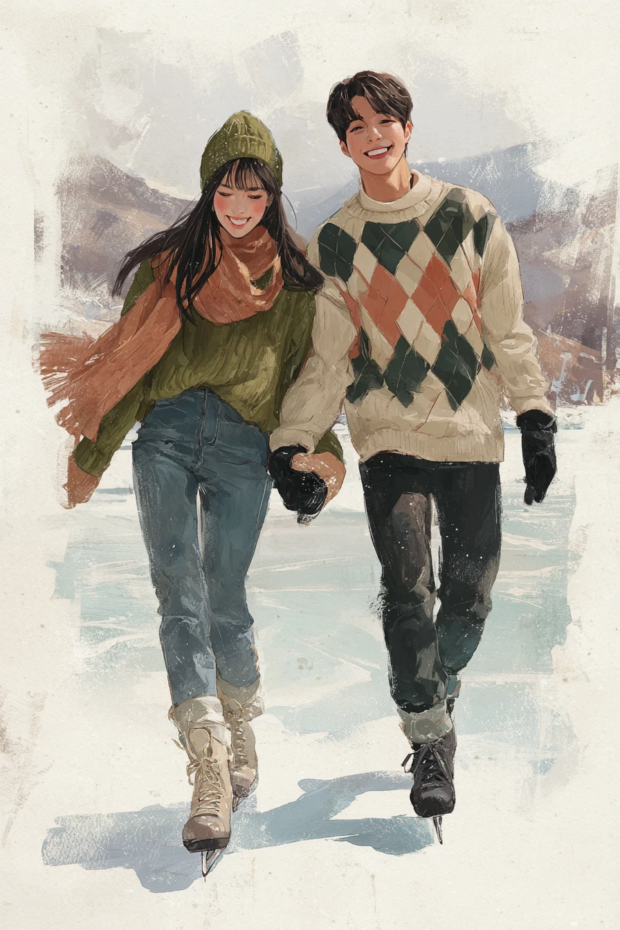 Young couple ice skating on a frozen mountain pond