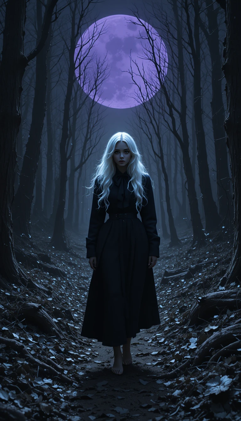 Barefoot white haired girl in a dark forest under moon