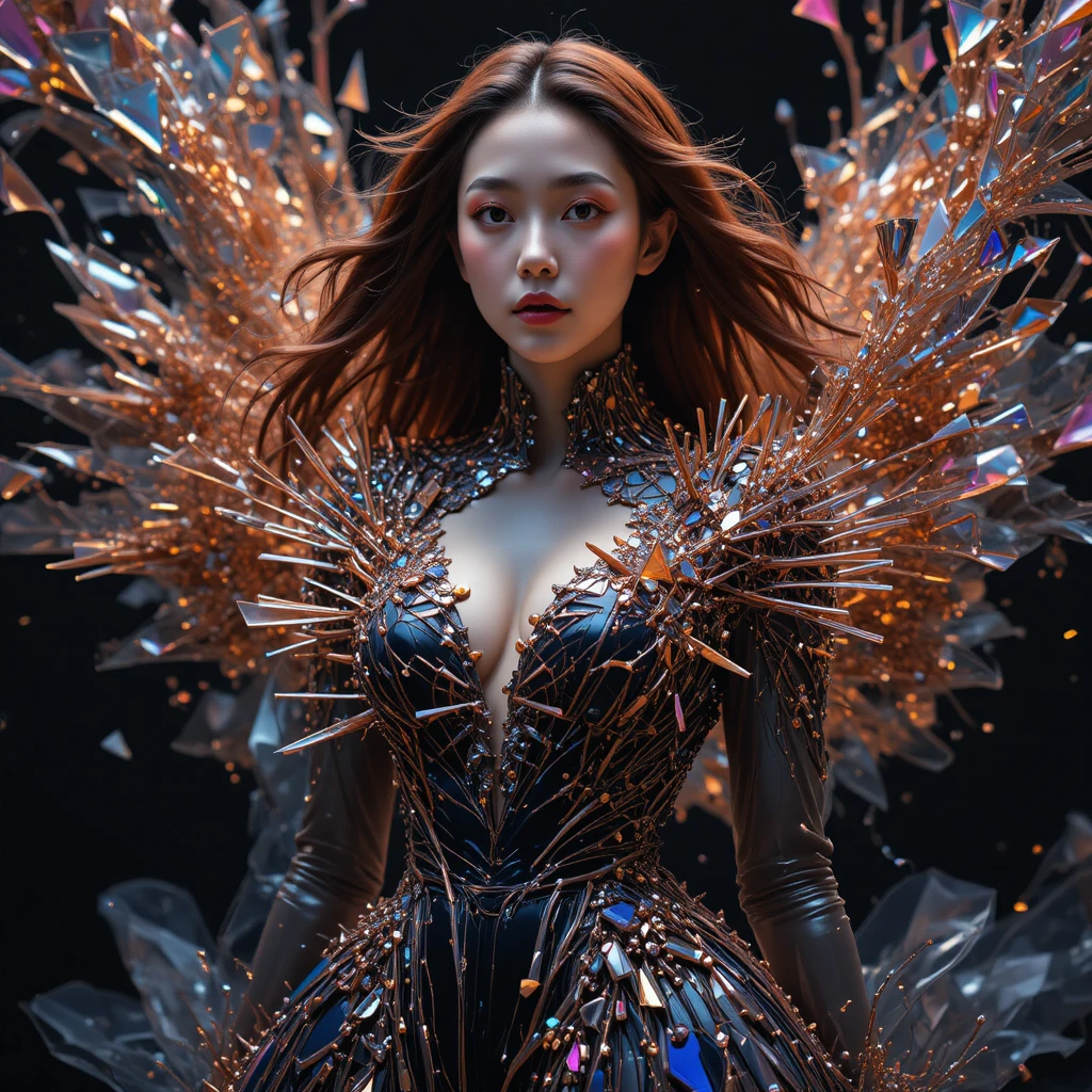 Donna coreana in abito di ferrofluido magnetico all’orizzonte degli eventi cosmico