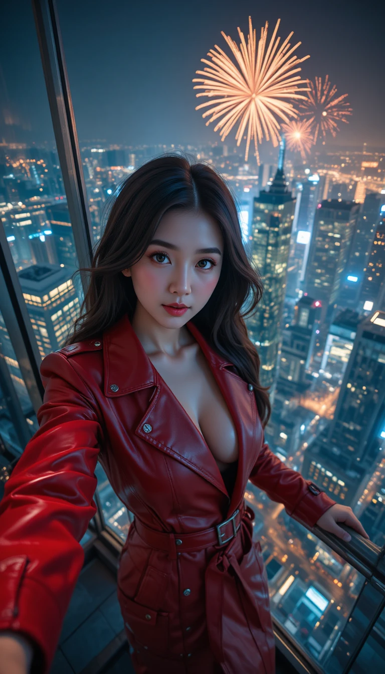 Agente coreana alla moda che si scatta un selfie sul balcone in città