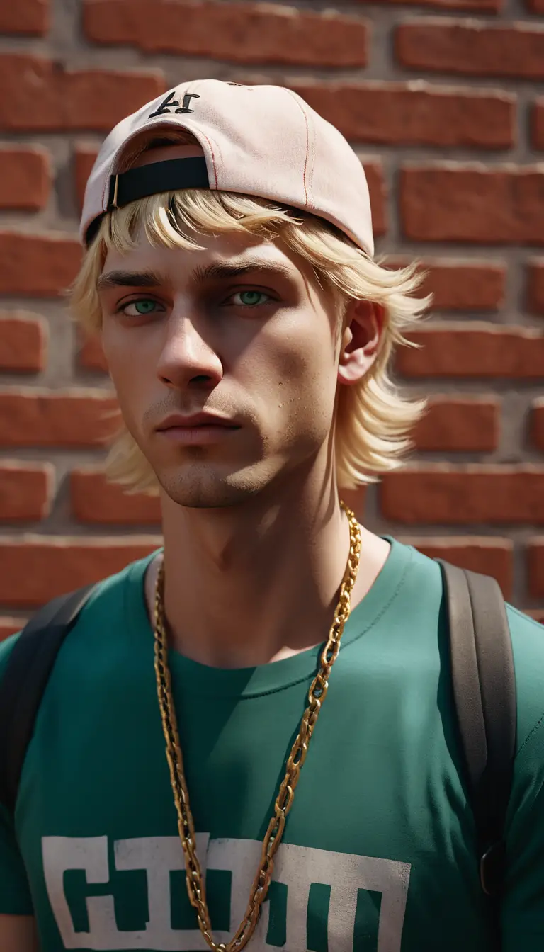 Cinematic close up of blonde skater by brick wall
