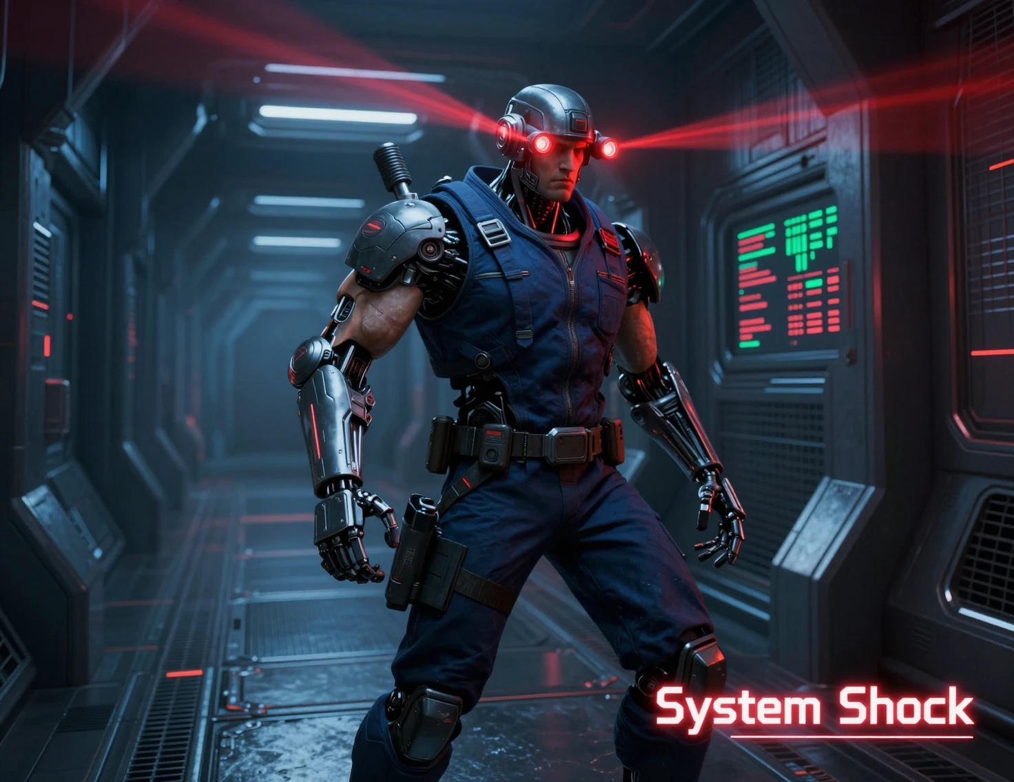 Garde cyborg visant avec un pistolet néon dans un couloir de science‑fiction