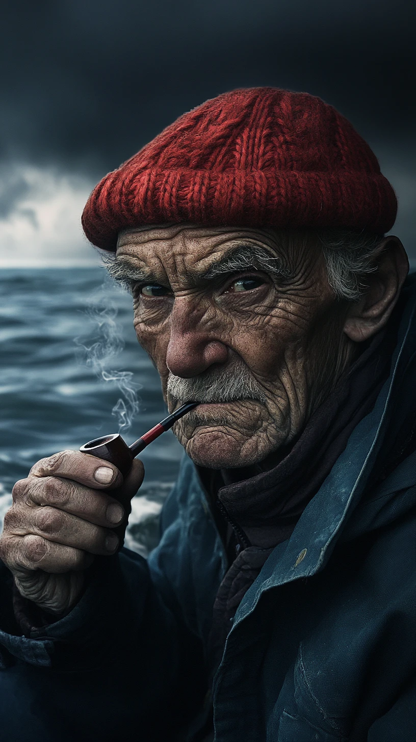 Anziano pescatore con berretto rosso sul mare in tempesta all’alba
