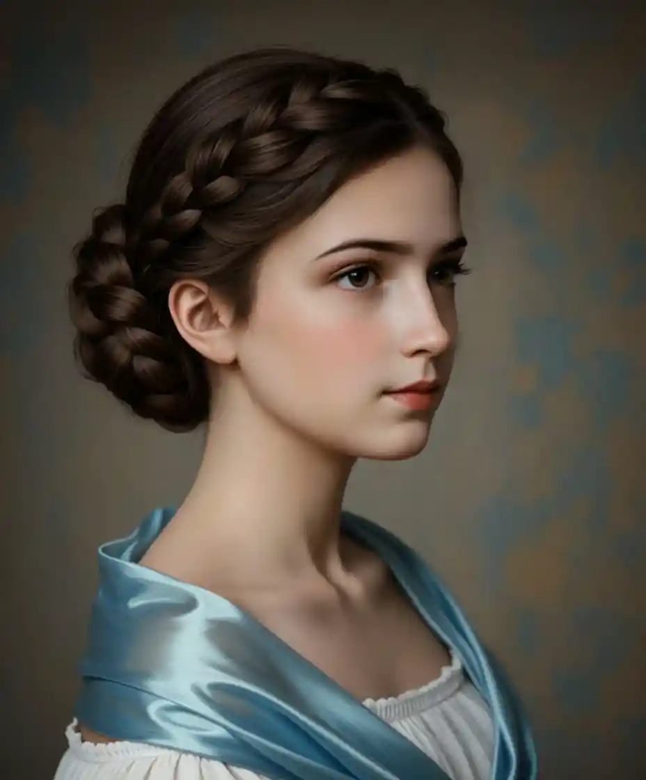 Young lady in white dress with blue silk stole