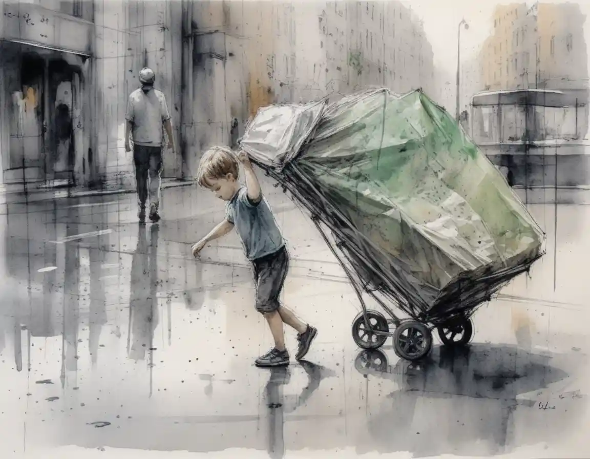 Scena di strada ad acquerello con bambino che spinge un carrello pesante