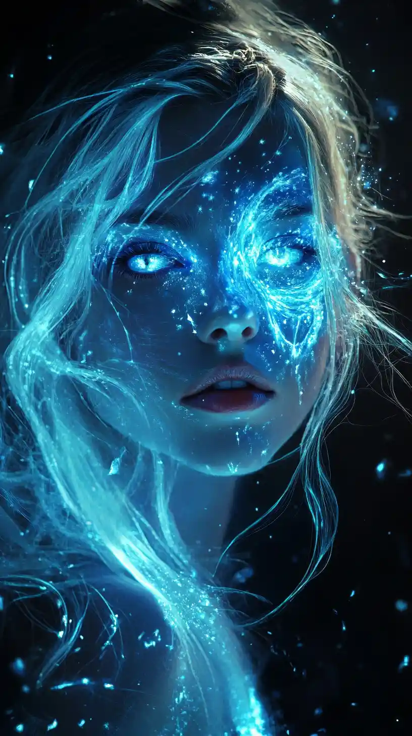 Mystical girl with glowing dragon eyes in darkness