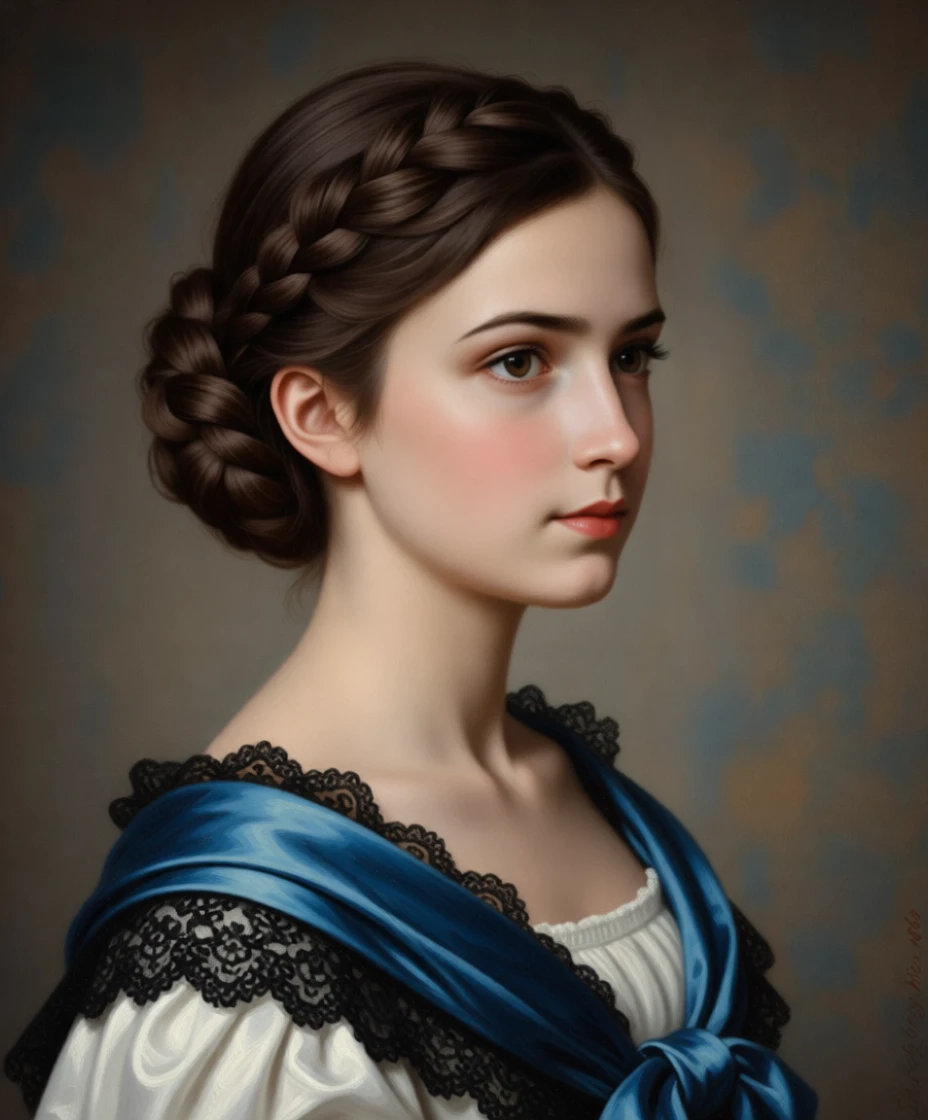 Young lady in a white 19th century dress with silk stole