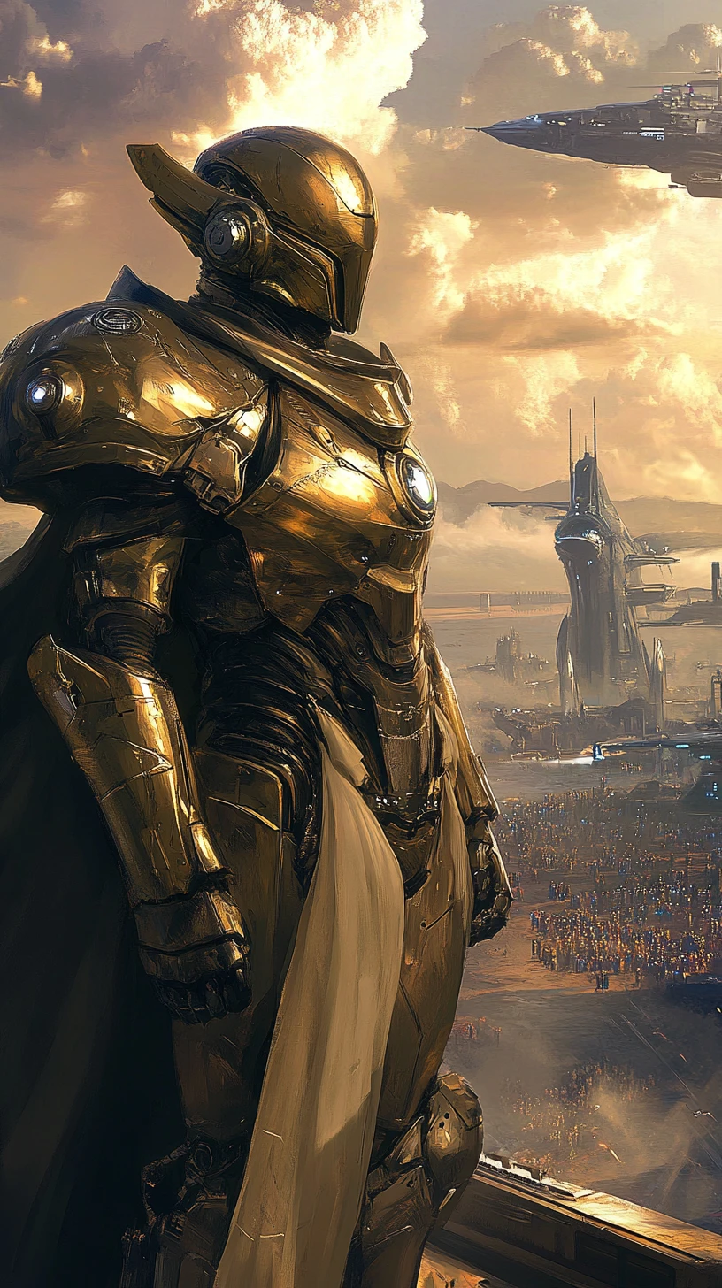 Golden armored knight warrior before ships at sunset