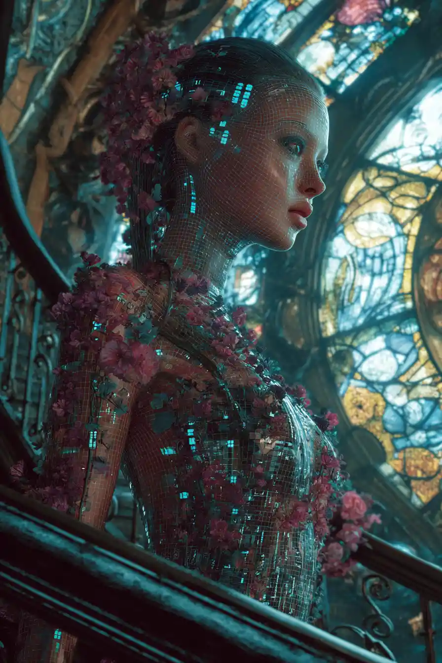 Floral cybernetic woman leaning on a grand staircase