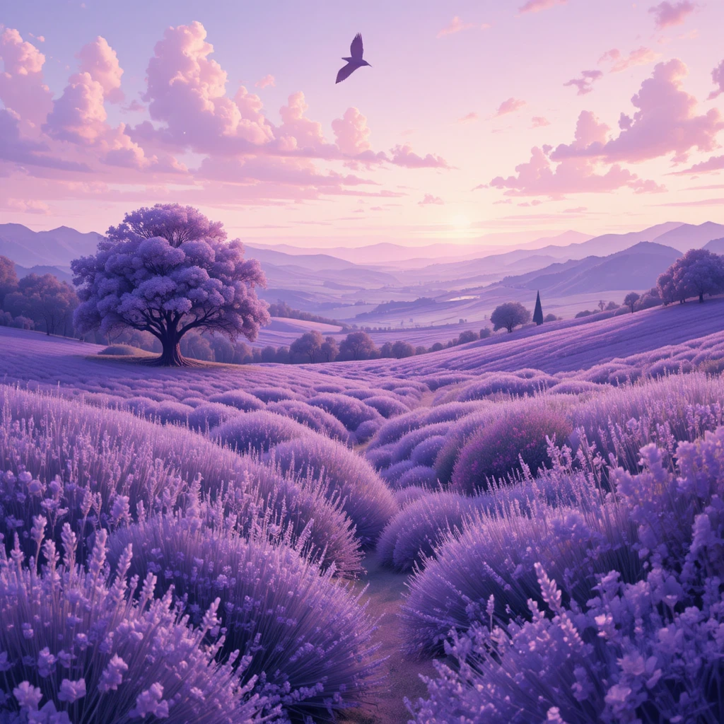 Romantic Lavender Field Landscape In Soft Lilac Tones
