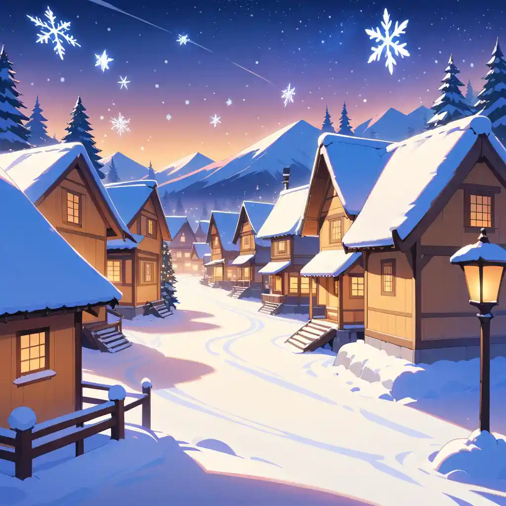 Village d’anime paisible au crépuscule sous la neige