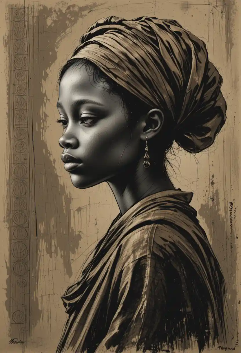 Sepia portrait of african girl in traditional headscarf