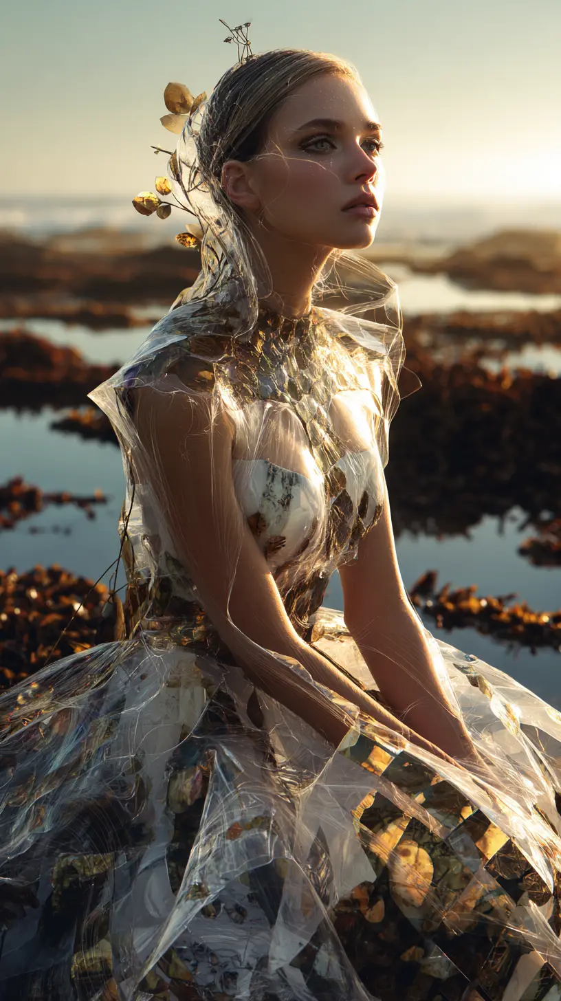 Surreal fashion woman in exoskeletal gown at tidal pool
