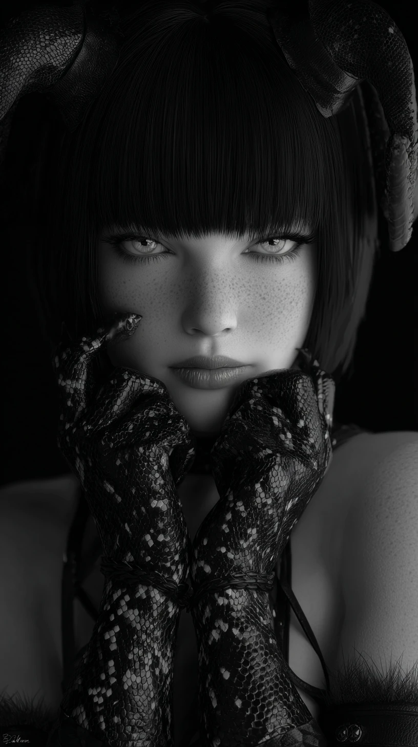 Horned anime girl with golden eyes and a coiled snake