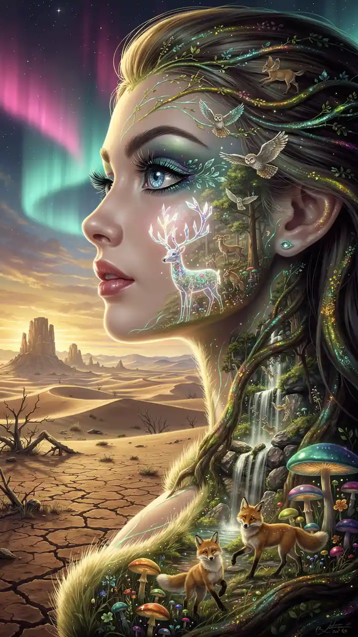 Surreal profile portrait of an ethereal woman in desert twilight